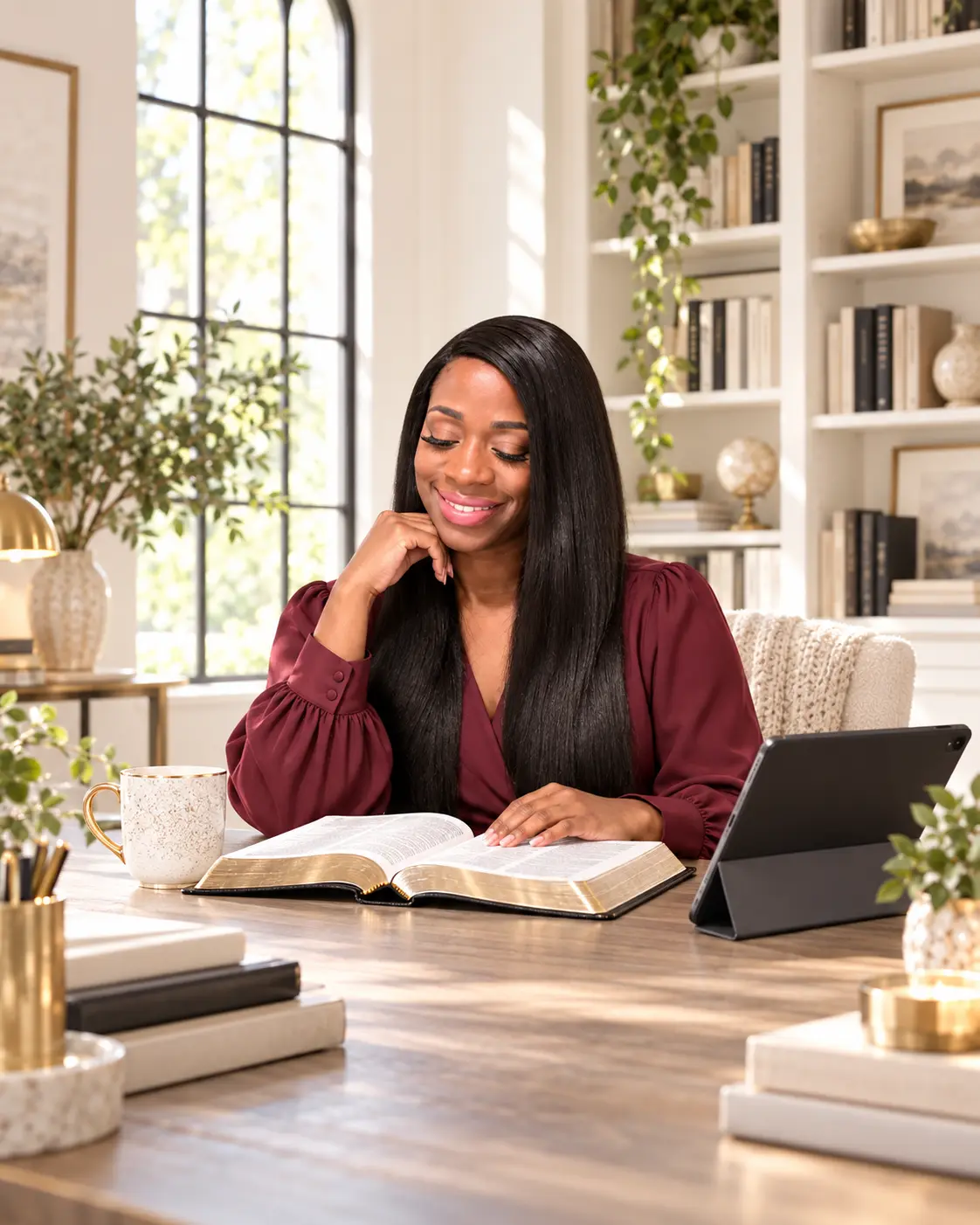 Antwinette Byers studying Scripture in a bright home library.